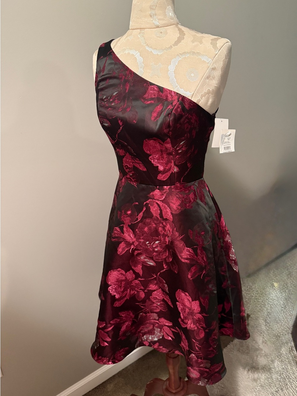 David's Bridal One-Shoulder Burgundy Floral Jacquard Dress